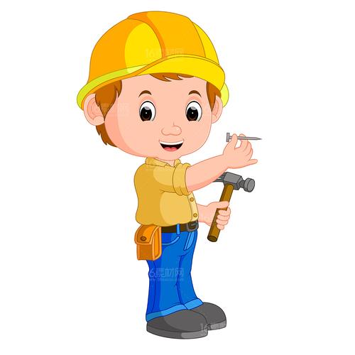 关键词男人卡通人物可爱装修工锤子钉子工具安全帽插图漫画职业工作