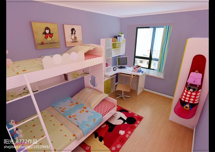 现代小面积儿童房高低床装修设计效果图