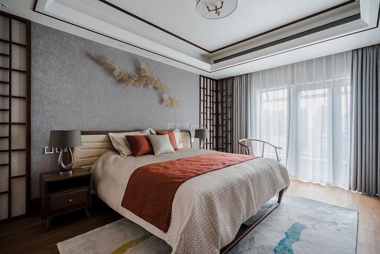 新中式风格别墅家居卧室床头背景墙装修效果图