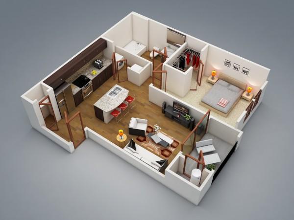 一居室户型装修3d布局效果图欣赏