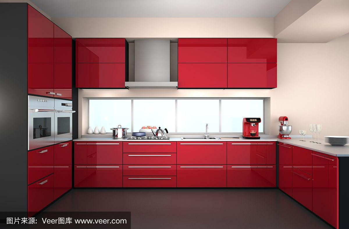 红色现代室内厨房彩色图片