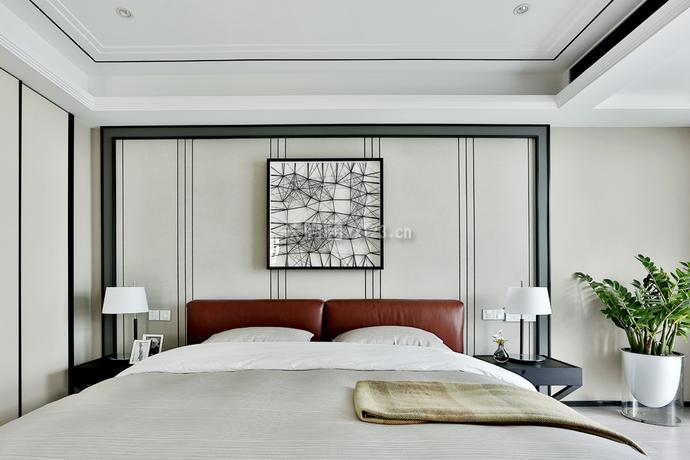 210平复式楼现代风格卧室床头背景墙装潢设计图装修123效果图