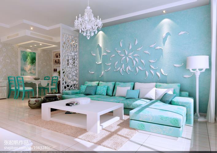 新中式客厅蓝色电视背景墙装修效果图