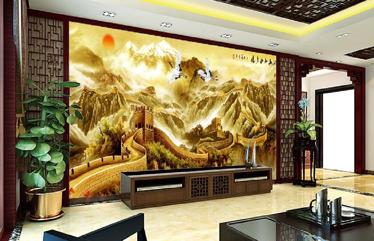 中式3d立体电视背景墙纸国画长城山水风景壁纸迎客松壁画墙布办公室