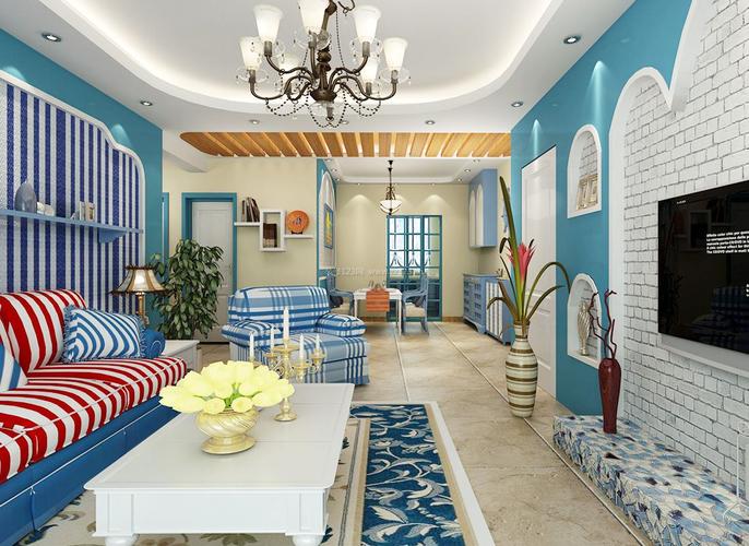 最新地中海风格客厅蓝色条纹壁纸装修效果图片