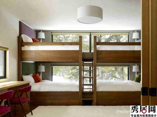 现代简约风格四胞胎儿童房咖啡色双层实木上下床装修效果图