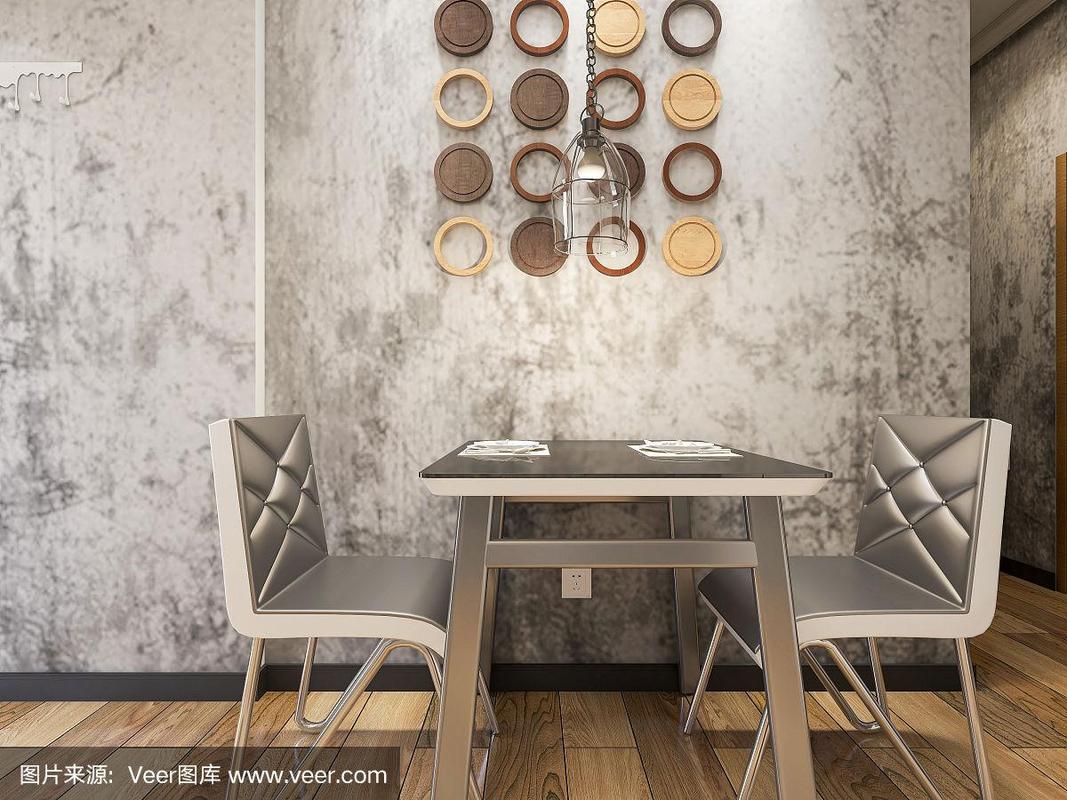 3d效果图工业风格餐厅区域设计木制餐桌和椅子.