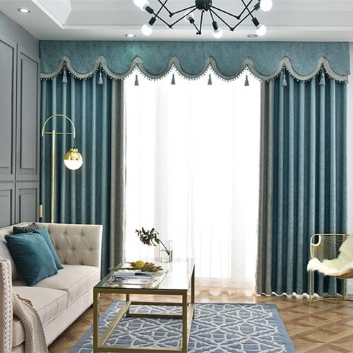 轻奢美式定制高端客厅卧室遮光窗帘帘头纯色烟灰蓝撞色拼接窗帘