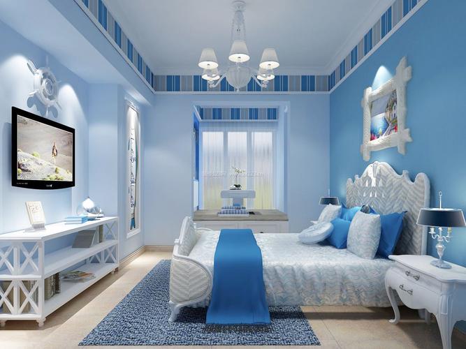 纯美地中海卧室蓝色墙面装修效果图片