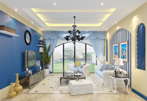 2017地中海家居小客厅蓝色背景墙装修效果图片
