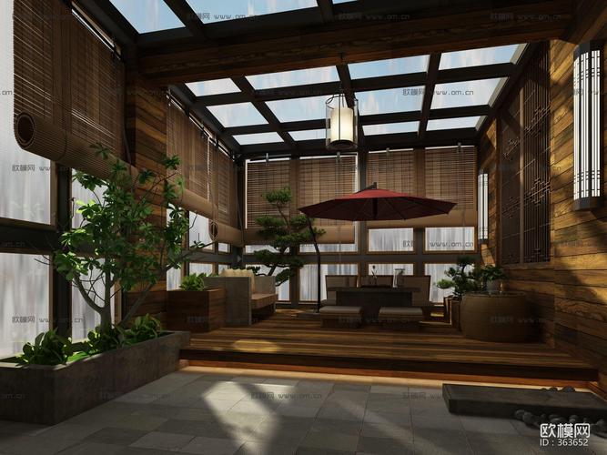 新中式阳光房花园3d模型