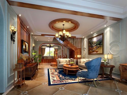 美式别墅客厅整体装修效果图片