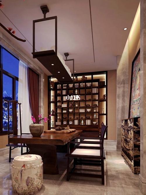 新中式别墅挑空客厅茶室设计
