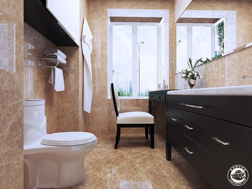 主卫生间采用咖啡色系瓷砖与实木色浴室柜搭配