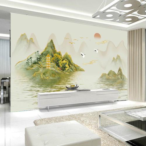 新中式水墨画客厅电视背景墙壁纸壁画客厅3d无缝墙布5d影视墙装饰w款