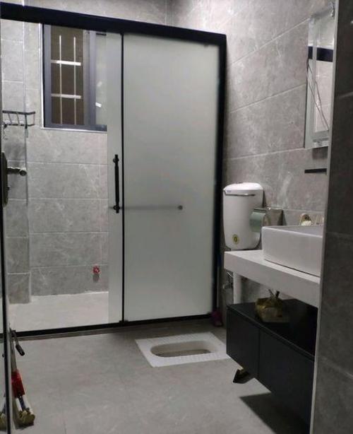 卫生间是装蹲便器跟主卧室的卫生间不一样用玻璃推拉门做了干湿分离