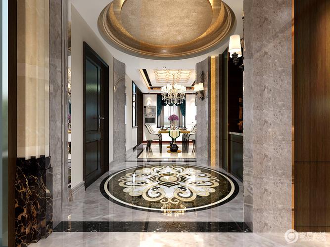 玄关走廊采用圆弧造型饰有金箔的天花与拼花地面瞬间提升了空间的
