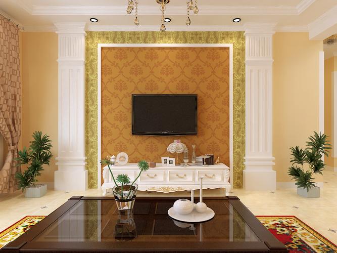 客厅电视背景墙用石膏板做成仿罗马柱体现欧式风情在张贴欧式壁纸