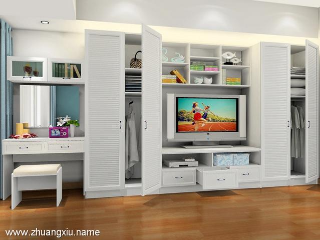 客厅衣柜式电视背景墙装修效果图客厅衣柜梳妆台电视墙一体整体家具