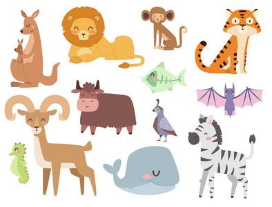 卡通动物隔离滑稽野生动物学习可爱语言和热带自然野生哺乳动物丛林高