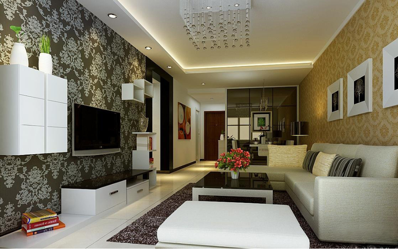 三居室长方形大客厅欧式花壁纸白色沙发简约电视柜电视墙置物架效果图