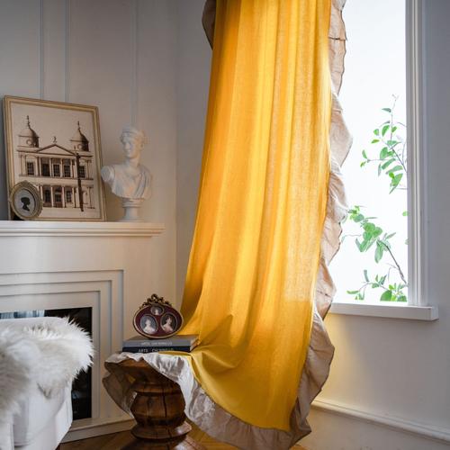 伊缦琪韵荷叶边撞色黄色法式小窗厨房帘半遮光窗帘