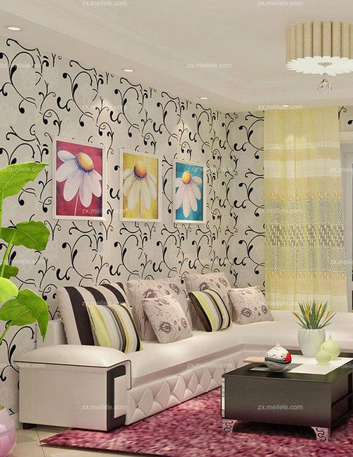 融合家装设计的现代风格客厅装饰画以及大面积铺设的黑白花纹墙纸