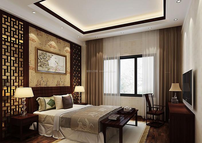 中式风格卧室卡其色窗帘装修效果图片