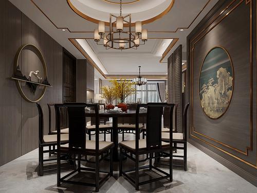 300平米新中式风格别墅餐厅装修效果图背景墙创意设计图