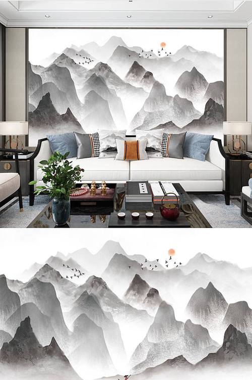 中式山水画电视沙发背景墙
