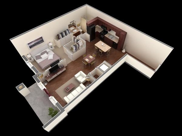 一居室户型装修3d布局效果图欣赏4