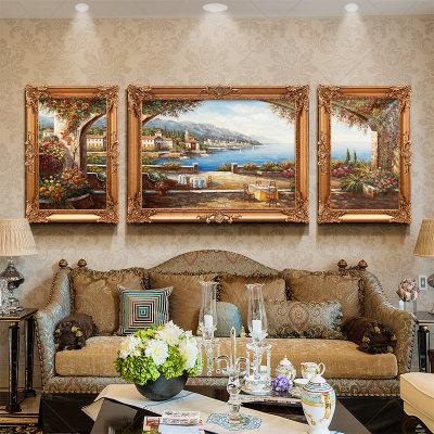 欧式花卉古典油画装饰画现代客厅纯手绘油画三联有框美式组合油画
