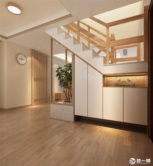 装饰联发旭景300平米日式与北欧混搭风格装修效果图楼梯与鞋柜结合