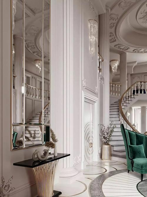 美丽的石膏线条奢华室内法式别墅设计