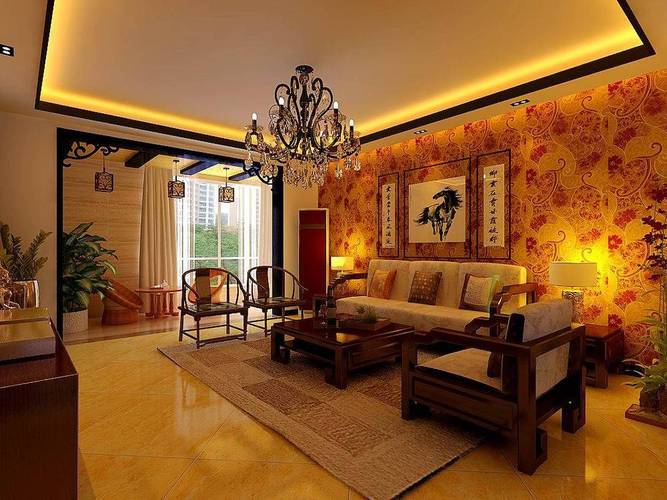 中式新古典风格客厅沙发背景墙装修效果图