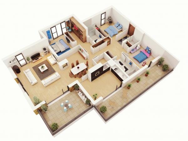 25个三居室户型3d布局效果图