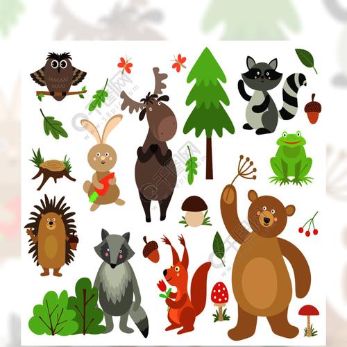 卡通森林动物麋猫头鹰野兔浣熊松鼠熊刺猬青蛙林地动物矢量隔离集卡通