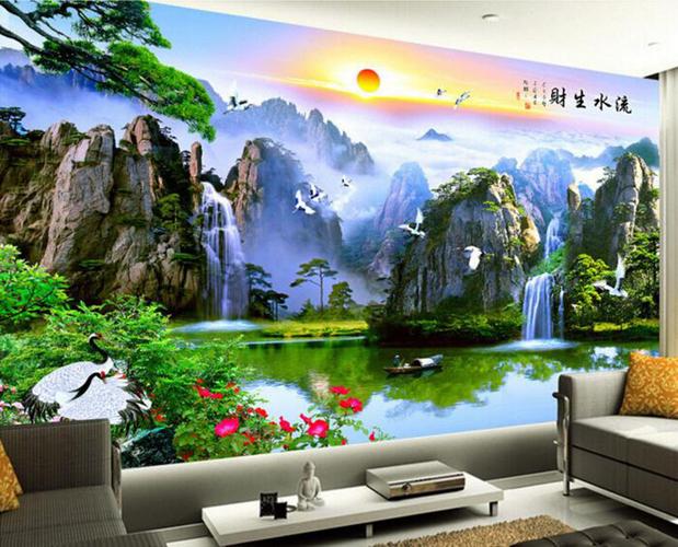3d立体墙纸客厅沙发电视背景墙壁纸中式山水风景大型壁画无缝