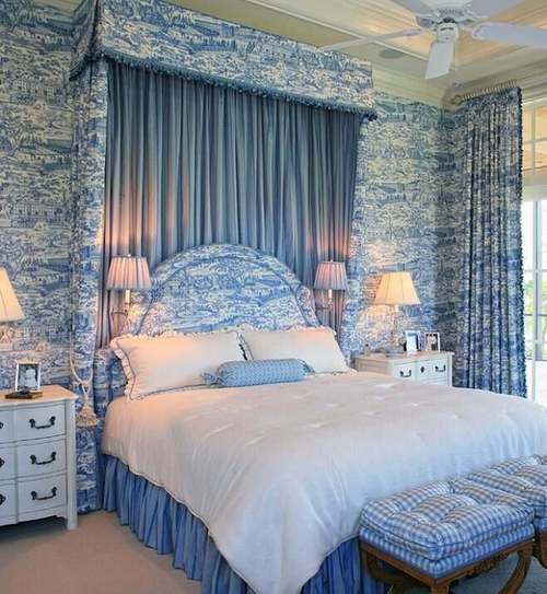 蓝色卧室背景墙窗帘装修效果图大全2012图片