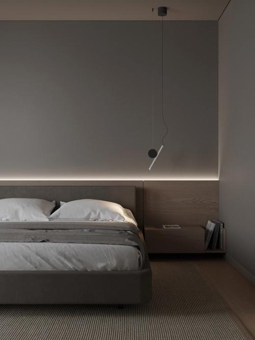 极简风的卧室微水泥墙面和无主灯照明设计让卧室高级又有氛围感95