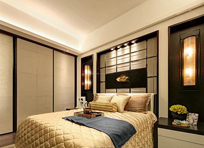 新中式小户型卧室床头背景墙装修效果图