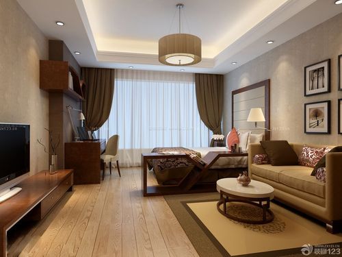 中式风格小户型客厅卧室一体窗帘设计效果图