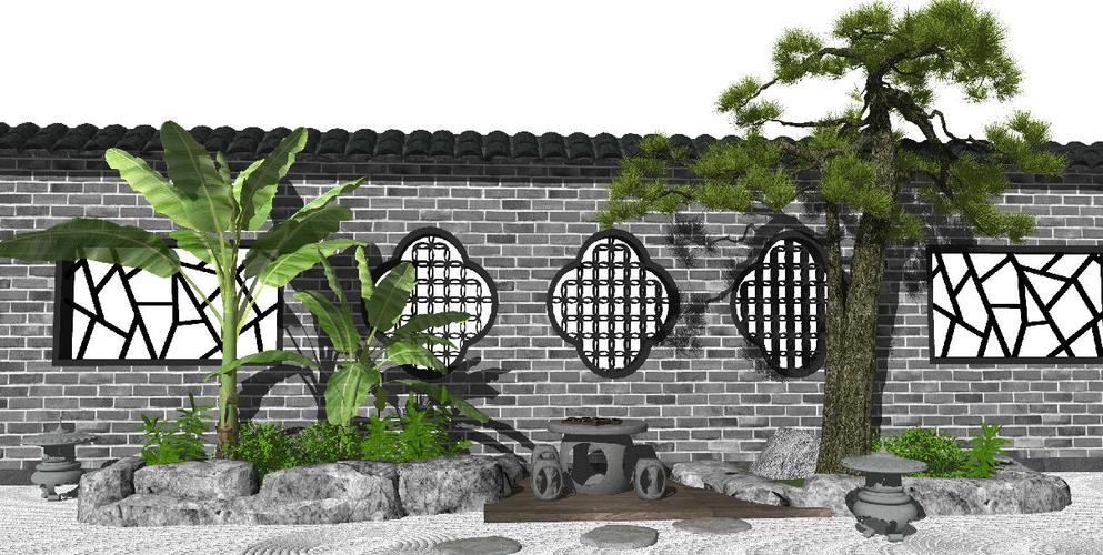新中式庭院景观景墙围墙松树石头景观小品石桌民宿庭院原创su模型