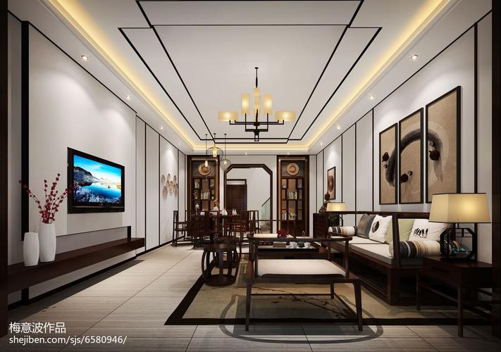 精美132平米中式别墅客厅装修设计效果图片别墅豪宅中式现代家装装修