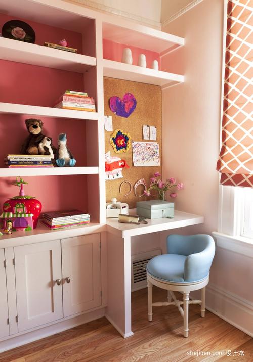 现代风格三居室宜家儿童房兼书房粉色背景墙装修效果图片