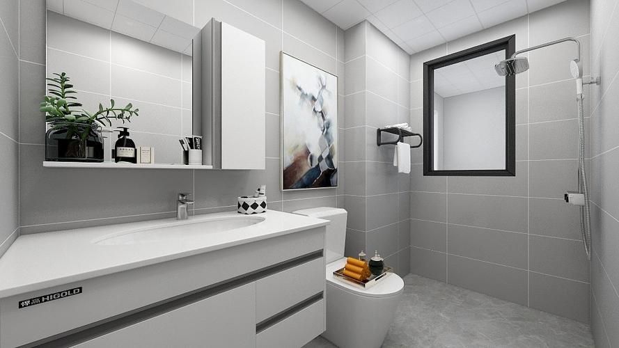 卫生间采用浅色设计灰色地砖搭配灰色墙砖看起来整体美观大方.