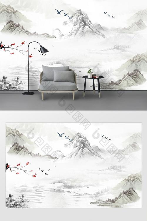 新中式山水画水墨画电视背景墙效果图