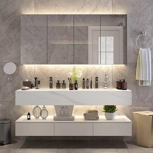 现代简约岩板实木浴室柜组合轻奢智能镜柜一体台盆卫浴套装家用卫生间