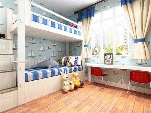 榻榻米儿童房装修效果图房间的地砖采用的是浅黄色的木制家具的设计