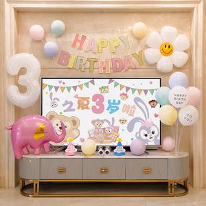 女宝宝一周岁生日装饰电视屏背景墙男孩ins儿童气球派对场景布置